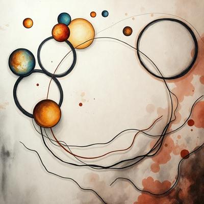 The primary subject of the image is a painting featuring a circle with a string of circles surrounding it. The setting is a white background, and the visual style appears to be a combination of digital art and illustration. The dominant colors in the painting are orange and pink, creating a warm and inviting atmosphere.